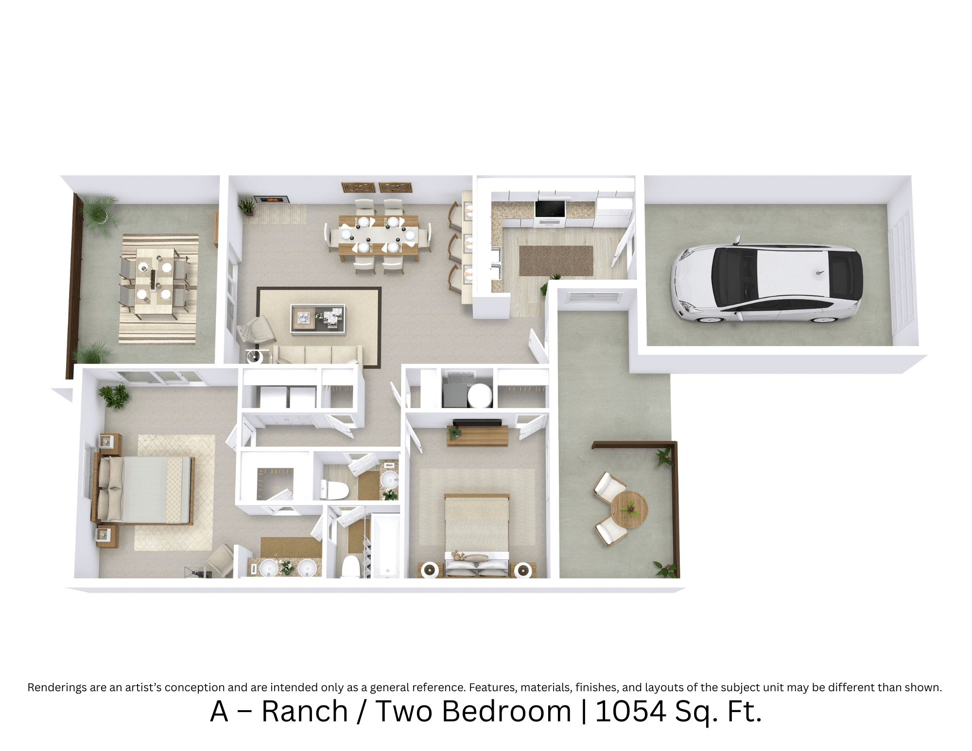 Floor plan for 2 beds, 1.5 baths, 1054 sqft